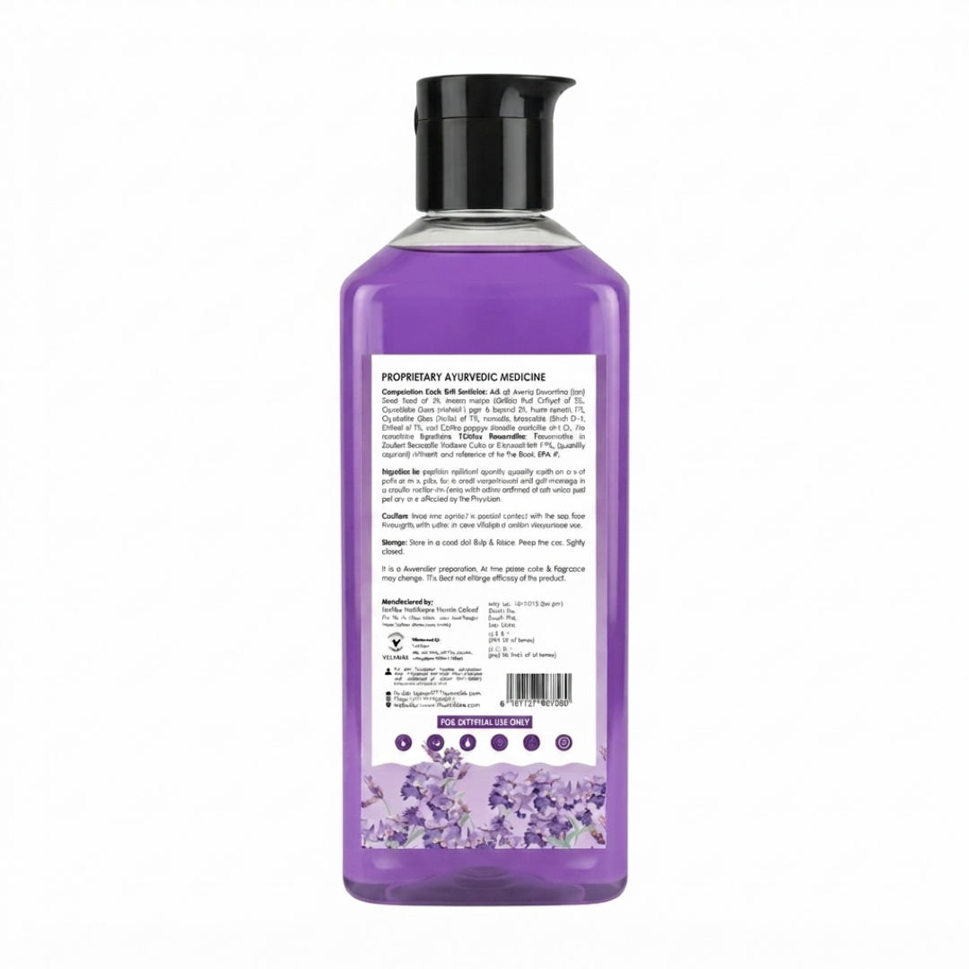 Velvaire Ayurvedic lavender body wash back label showing natural ingredients, directions, and product details.