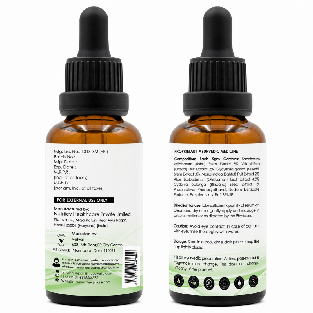 Velvaire Ayurvedic Niacinamide Serum amber bottle back label showing full ingredient list including Aloe Vera, Mulethi, and usage directions.