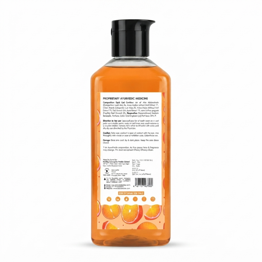 Ayurvedic orange body wash label showing natural ingredients, directions for use, and manufacturing details.