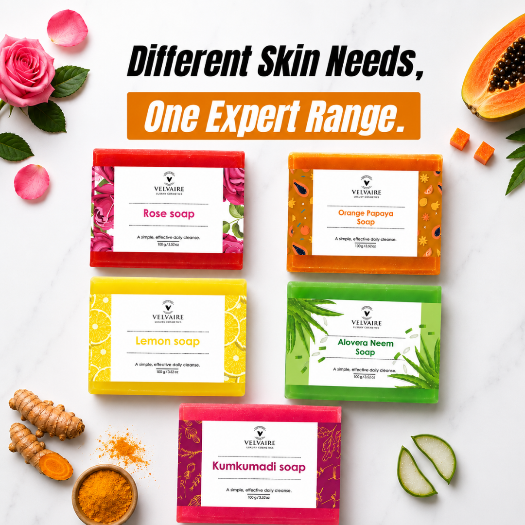 Velvaire natural bath soap collection featuring Orange Papaya, Rose, Lemon, Aloevera Neem, and Kumkumadi soaps for all skin care needs.