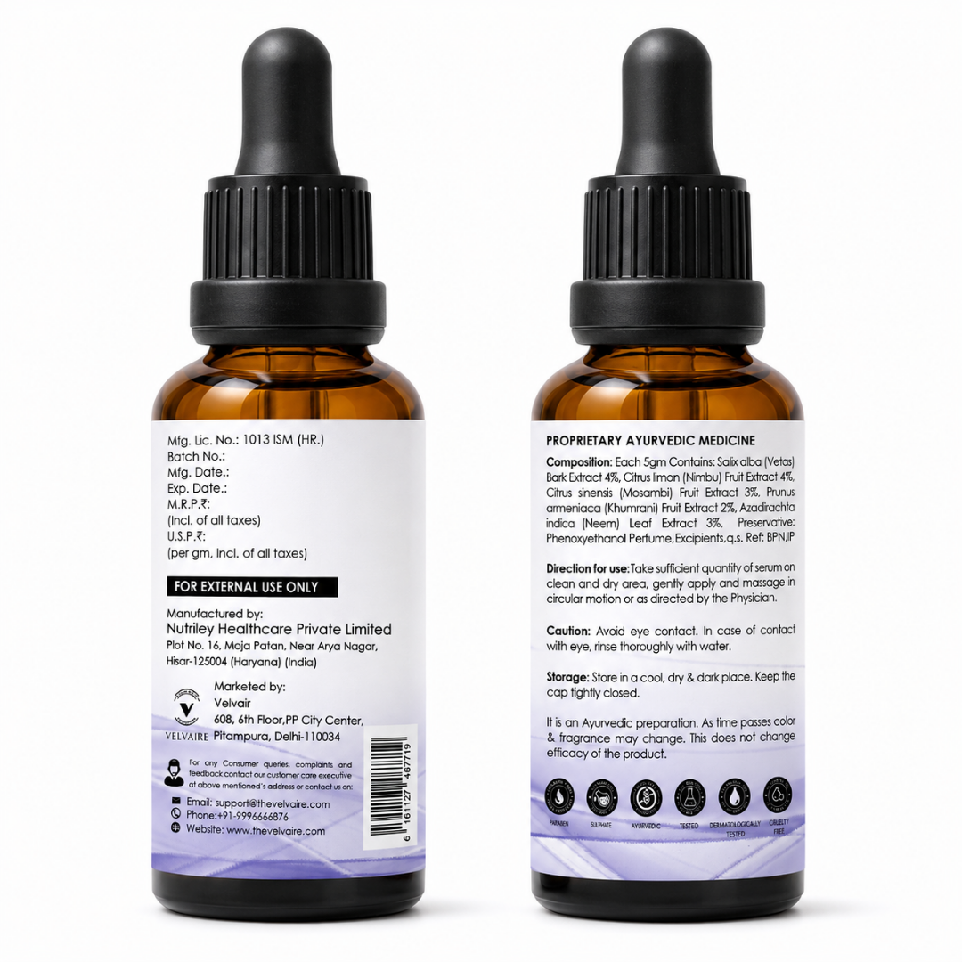 Velvaire Ayurvedic Salicylic Acid Serum bottle back label displaying ingredients, dermatologically tested logo, and usage directions.