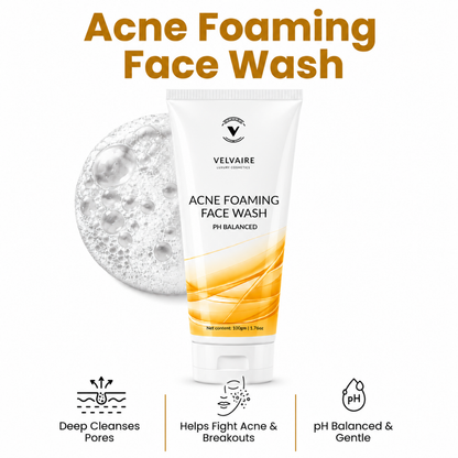 Velvaire Acne Foaming Face Wash tube with foaming lather showing benefits: deep cleanses pores, helps fight acne breakouts, and gentle pH balanced formula.