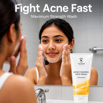 Woman applying Velvaire Acne Foaming Face Wash lather to fight acne fast with maximum strength deep cleansing action.