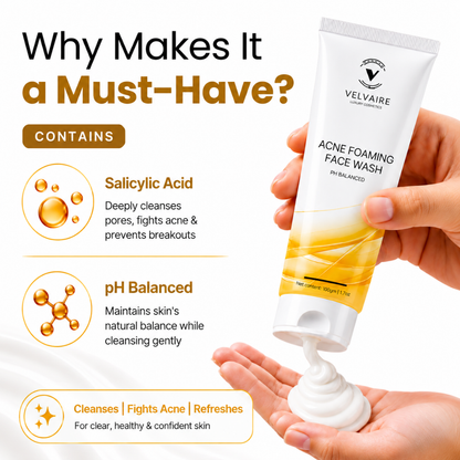Velvaire Acne Foaming Face Wash with Salicylic Acid dispensing rich cream texture to unclog pores, fight acne, and prevent breakouts.