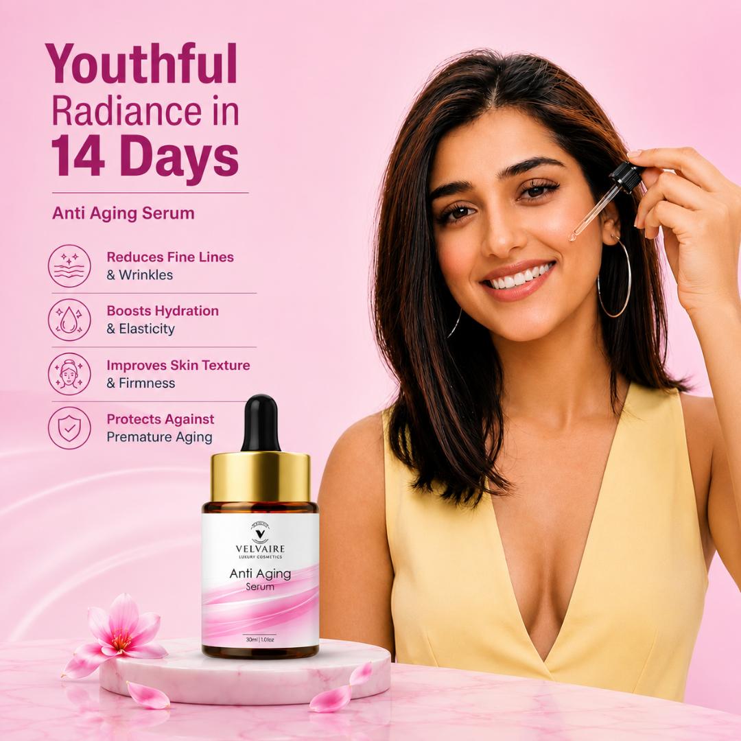 Woman applying Velvaire Anti Aging Serum for youthful radiance in 14 days, fine line reduction, and skin firmness.