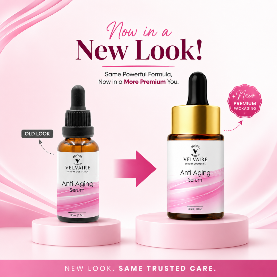 Velvaire Anti Aging Serum in new premium gold cap packaging with the same powerful formula for wrinkle reduction and care.