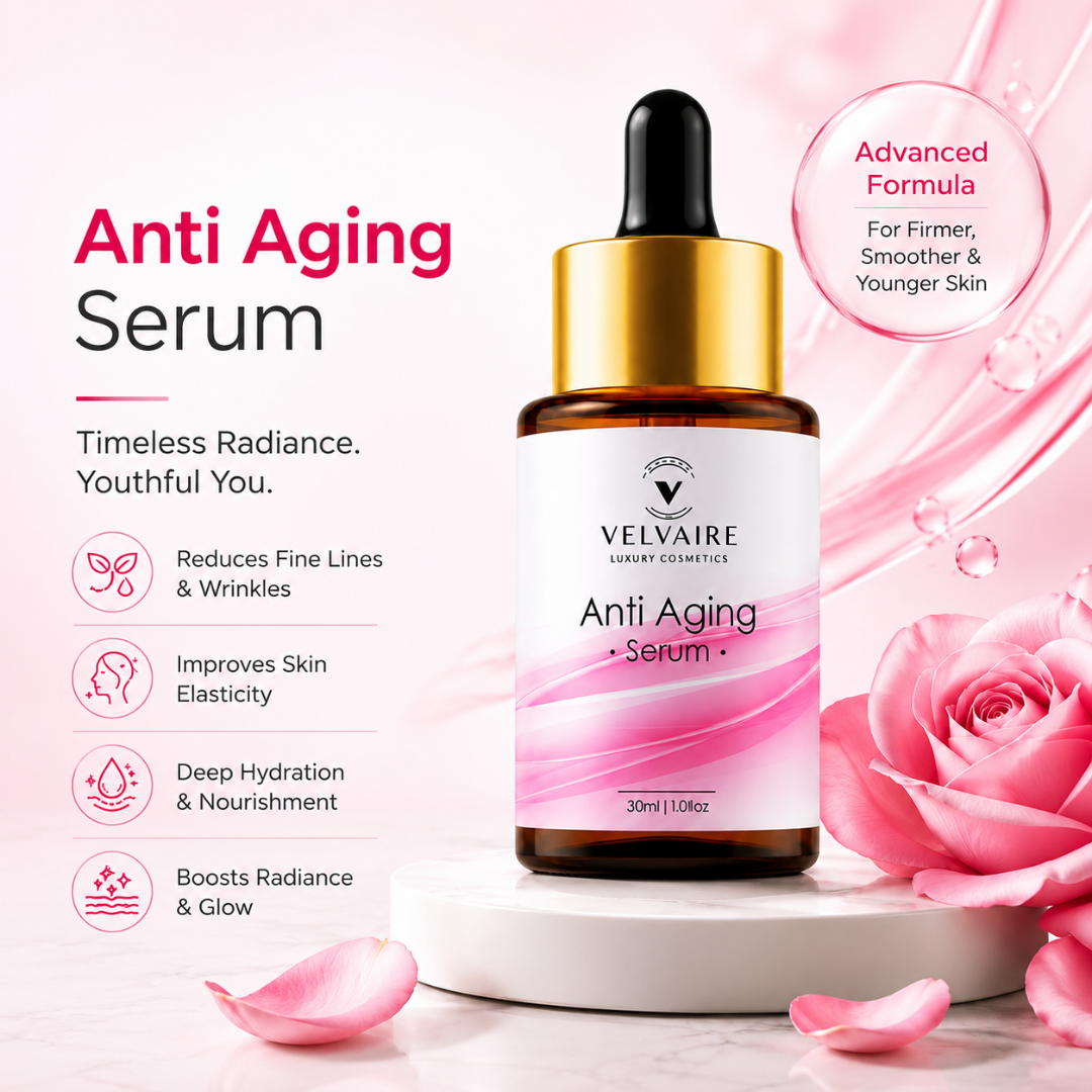 Velvaire Anti Aging Serum with advanced formula to reduce fine lines and wrinkles, improve elasticity, and boost skin glow.