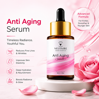Velvaire Anti Aging Serum with advanced formula to reduce fine lines and wrinkles, improve elasticity, and boost skin glow.