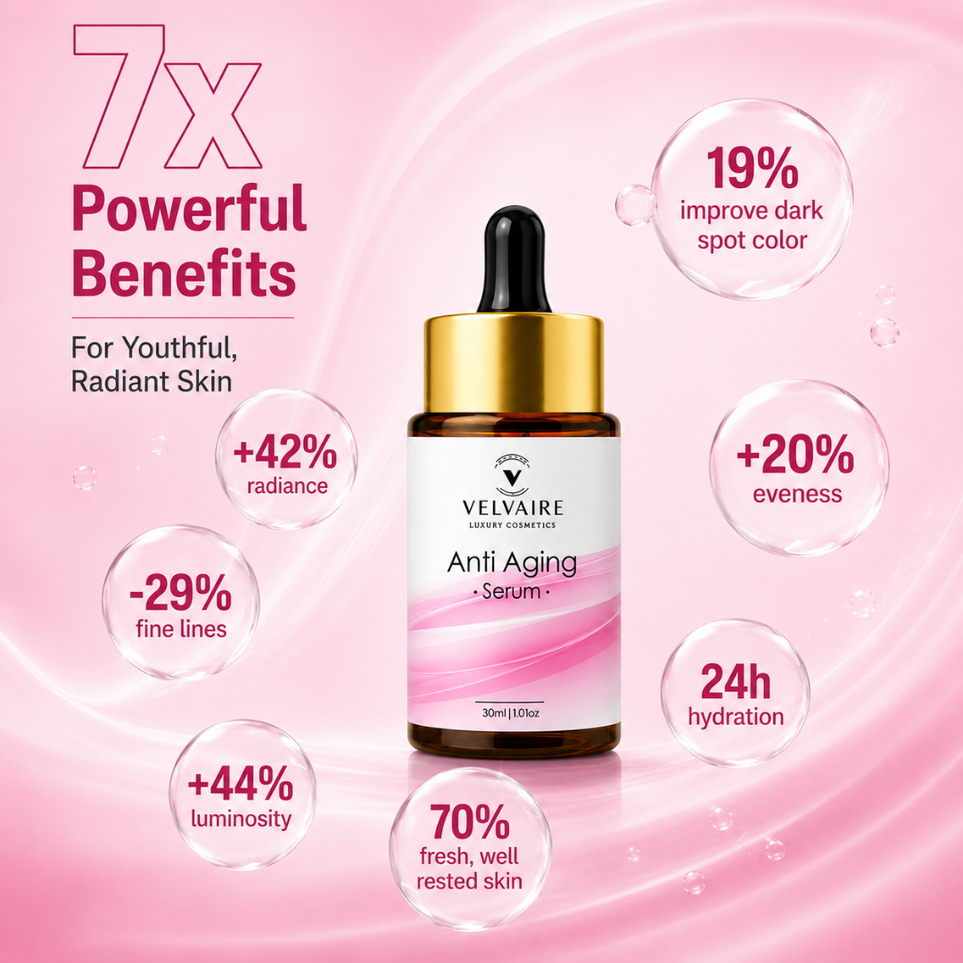 Velvaire Anti Aging Serum 7x benefits chart showing 29 percent fine line reduction, 42 percent radiance, and 24h hydration for younger skin.