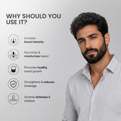 increases beard density, stops itchiness, and repairs beard breakage.