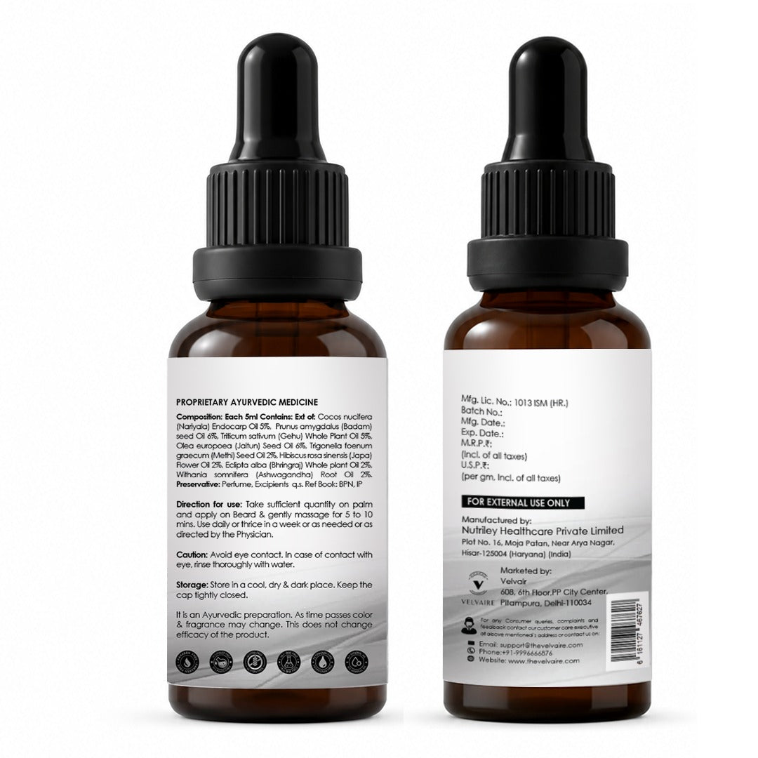 Authentic Ayurvedic beard oil ingredients list and directions: Velvaire luxury beard care product.