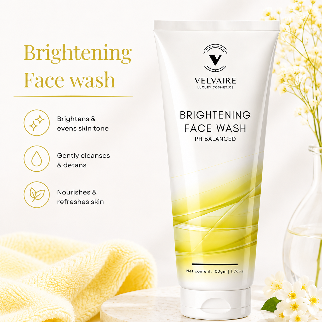 Velvaire Brightening Face Wash benefits: evens skin tone, gently cleanses, detans, and nourishes skin.