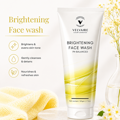 Velvaire Brightening Face Wash benefits: evens skin tone, gently cleanses, detans, and nourishes skin.