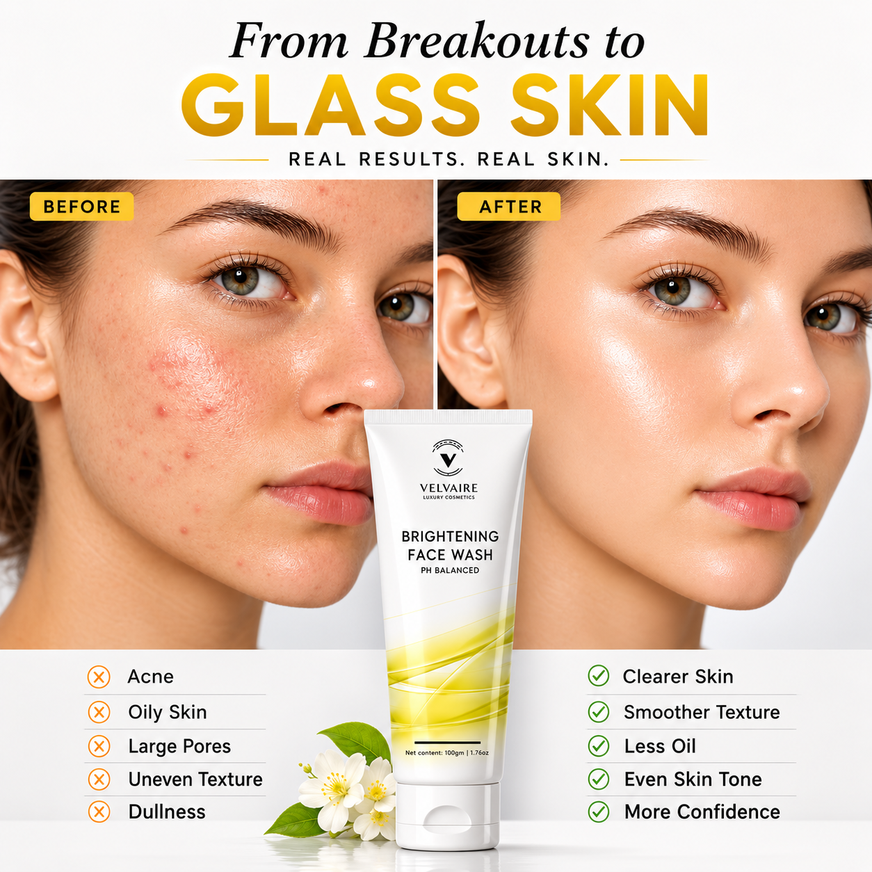 Before and after results using brightening face wash showing acne clearance, reduced oiliness, and glass skin glow.