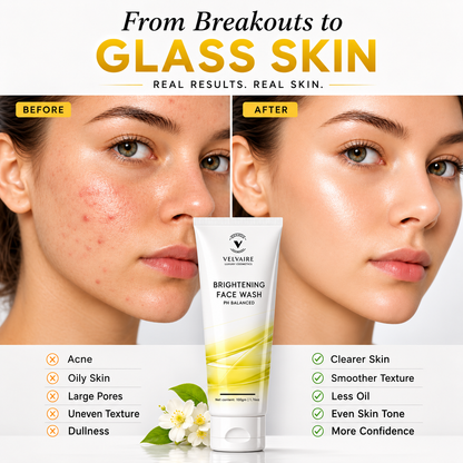 Before and after results using brightening face wash showing acne clearance, reduced oiliness, and glass skin glow.