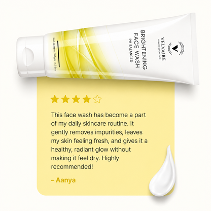Customer review for Velvaire Brightening Face Wash highlighting daily gentle cleansing, fresh feel, and radiant glow.