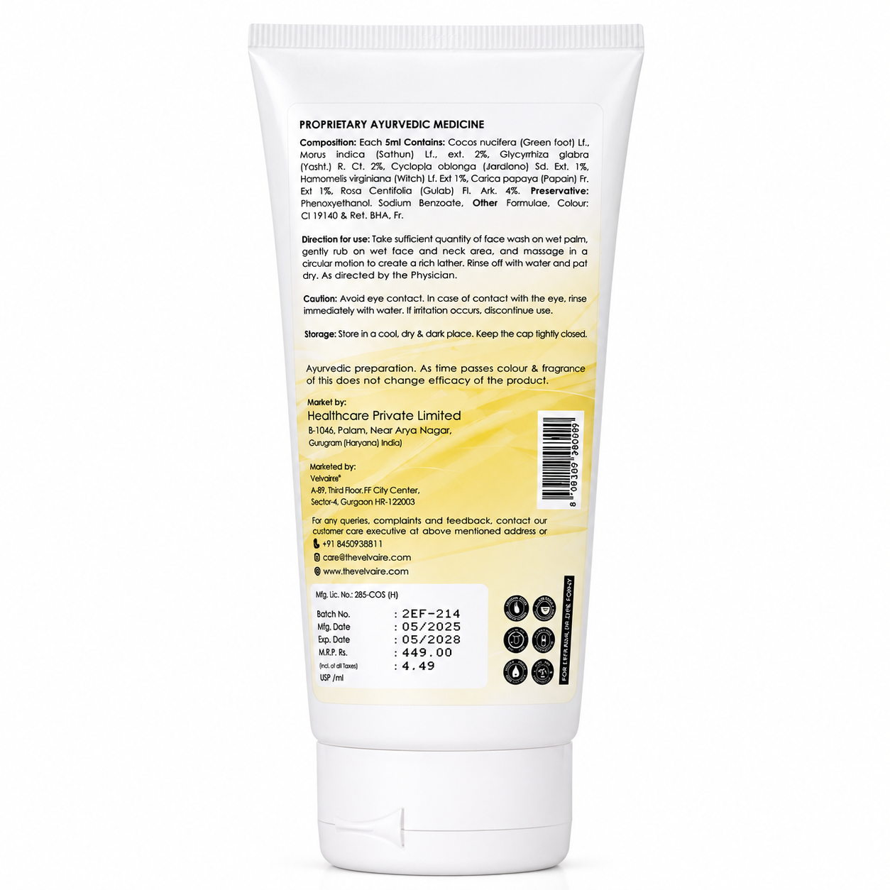 Velvaire Ayurvedic Brightening Face Wash back label featuring natural ingredients, directions for use, and product details.