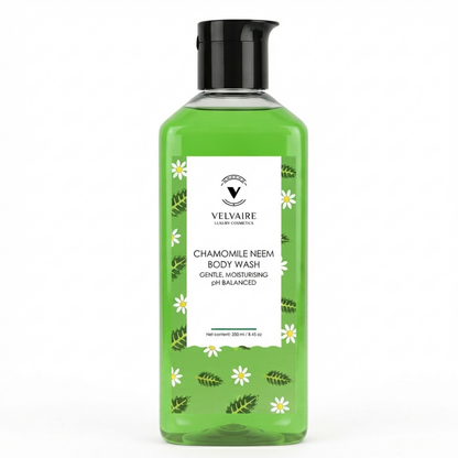 Velvaire Chamomile Neem Body Wash 250ml: best gentle pH balanced moisturizing shower gel for clear skin.