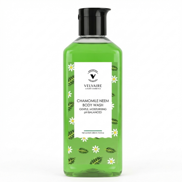 Velvaire Chamomile Neem Body Wash 250ml: best gentle pH balanced moisturizing shower gel for clear skin.