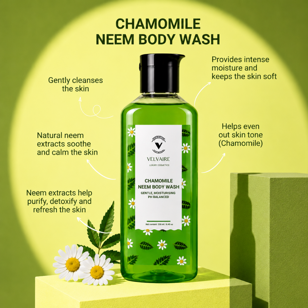 Natural Neem and Chamomile body wash extracts to soothe, detoxify, gently cleanse, and even out skin tone.
