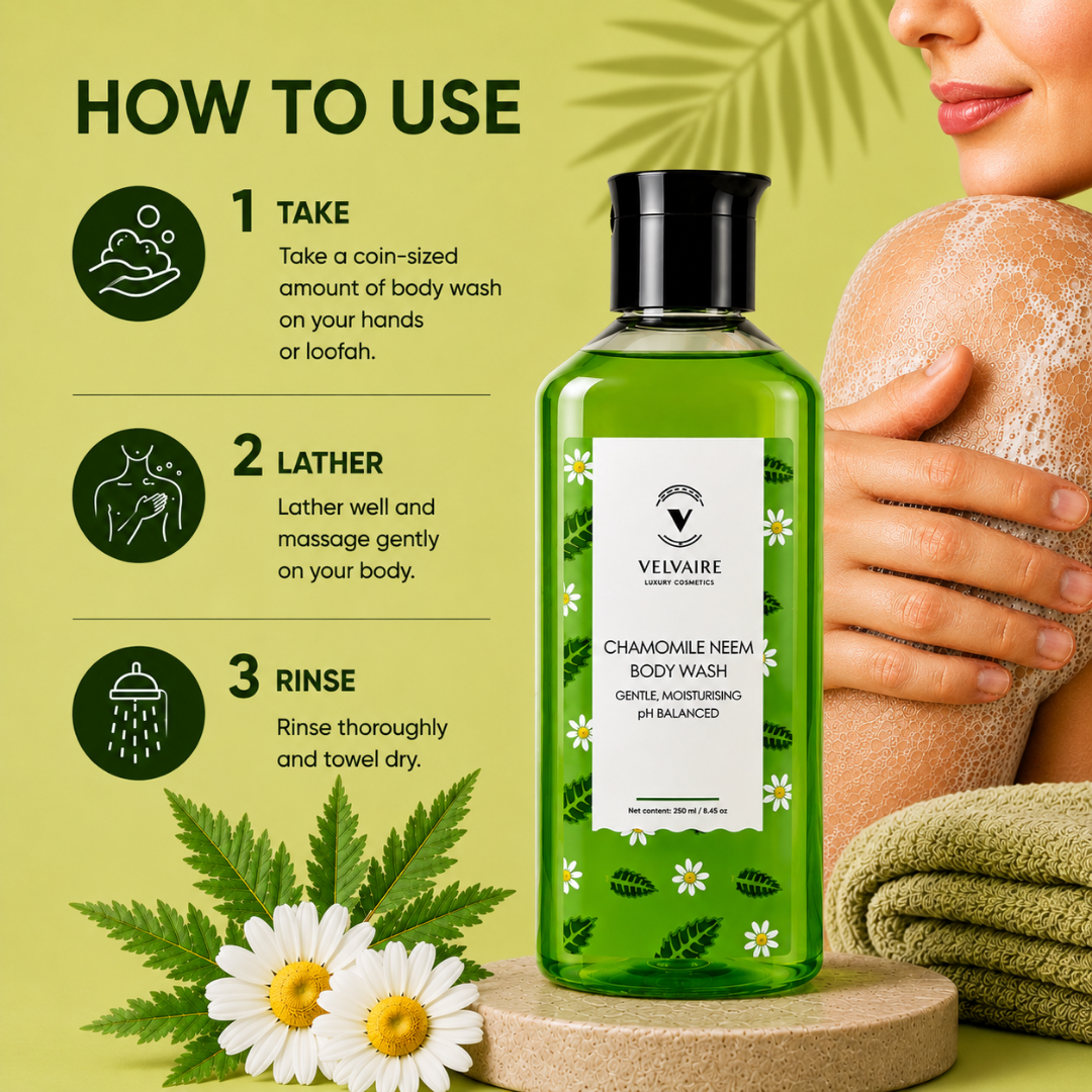 How to use clarifying Chamomile Neem body wash: apply coin-sized amount on loofah, lather, and rinse.