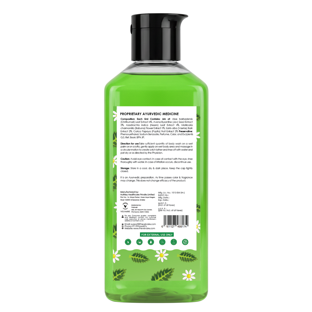 Velvaire Ayurvedic Chamomile Neem Body Wash back label showing natural ingredients, directions, and product details.