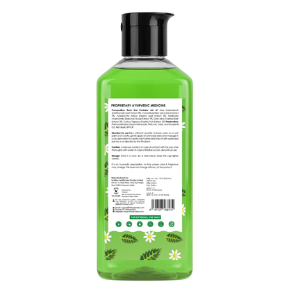 Velvaire Ayurvedic Chamomile Neem Body Wash back label showing natural ingredients, directions, and product details.