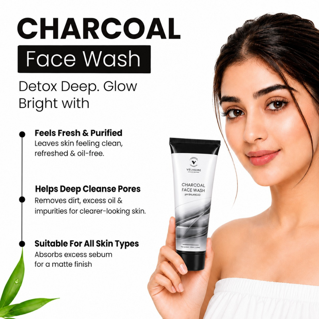Woman holding Velvaire Charcoal Face Wash for oil-free, glowing, and purified clear skin.