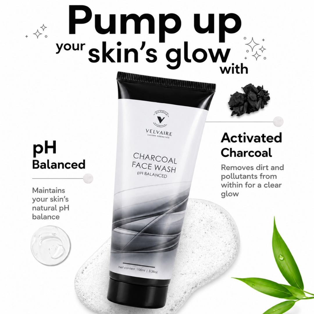 Velvaire Charcoal Face Wash with activated charcoal: pH balanced formula to remove dirt, pollutants, and excess oil.