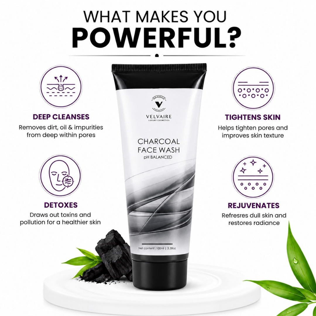 Activated charcoal face wash benefits: deep cleanses pores, detoxes skin, tightens pores, and restores radiance.