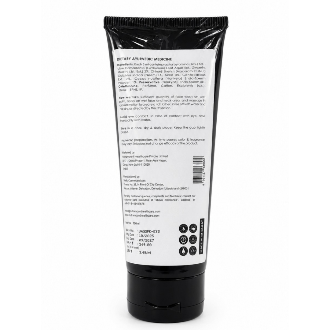 Velvaire Ayurvedic Charcoal Face Wash back label showing full ingredients, directions for use, and product details.