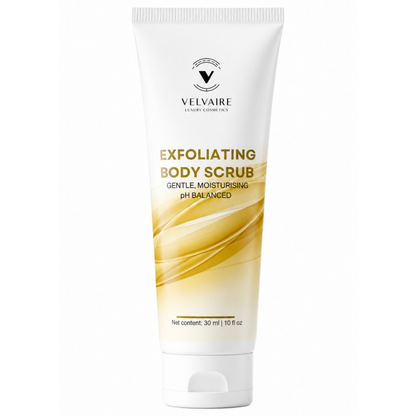 Velvaire Exfoliating Body Scrub 30ml: best gentle pH balanced moisturizing body scrub for smooth skin.