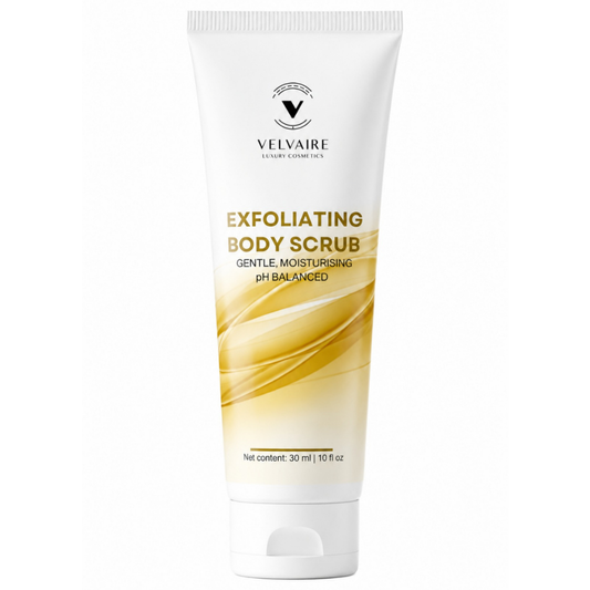 Velvaire Exfoliating Body Scrub 30ml: best gentle pH balanced moisturizing body scrub for smooth skin.