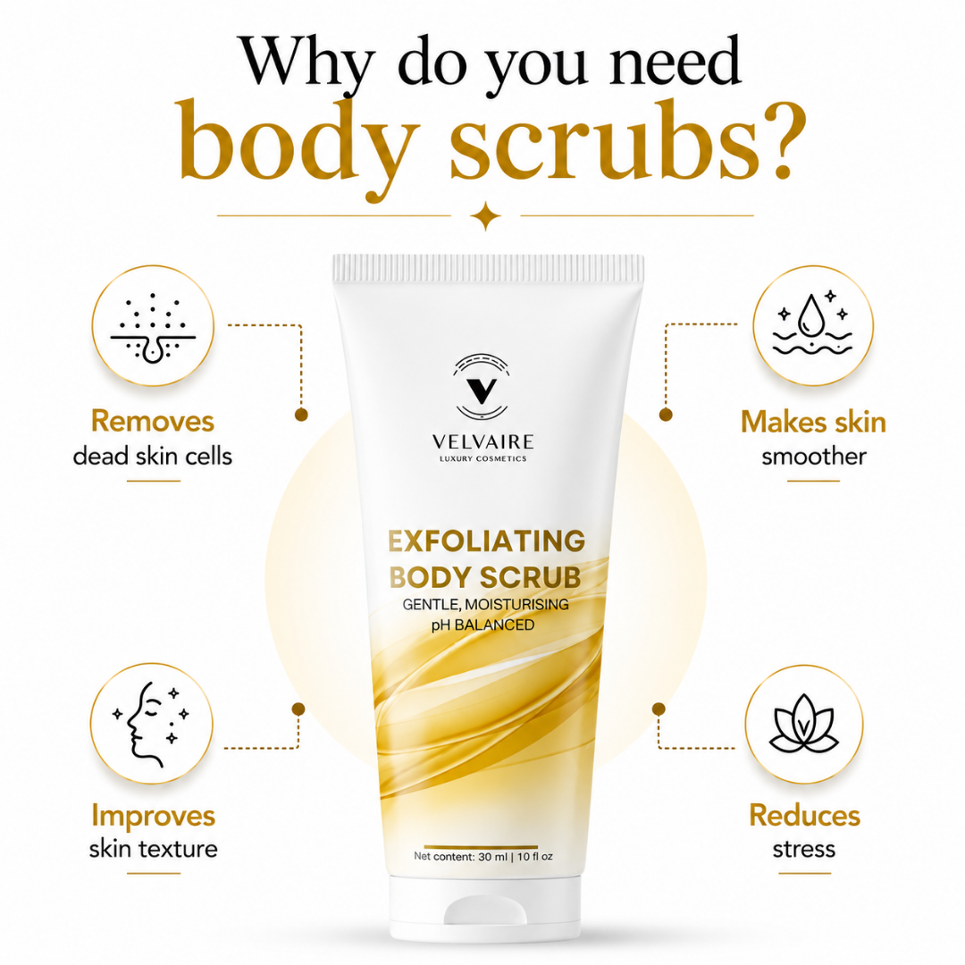 Velvaire Exfoliating Body Scrub benefits: removes dead skin cells, improves skin texture, and smooths rough body skin.