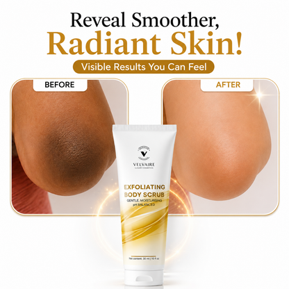 Before and after result of exfoliating body scrub showing visible skin brightening and reduction of dark, rough elbows.