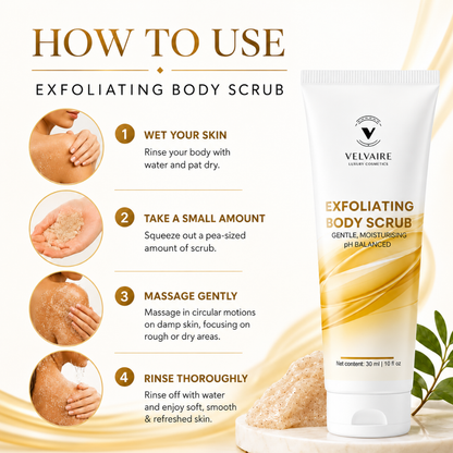 How to use exfoliating body scrub: massage pea-sized amount on wet skin in circular motions and rinse.