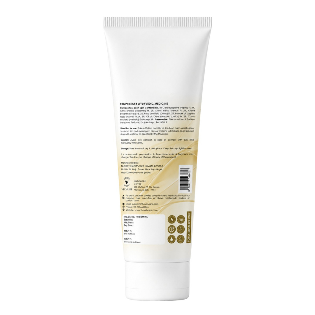Velvaire Ayurvedic Exfoliating Body Scrub back label showing ingredients, usage directions, and product details.