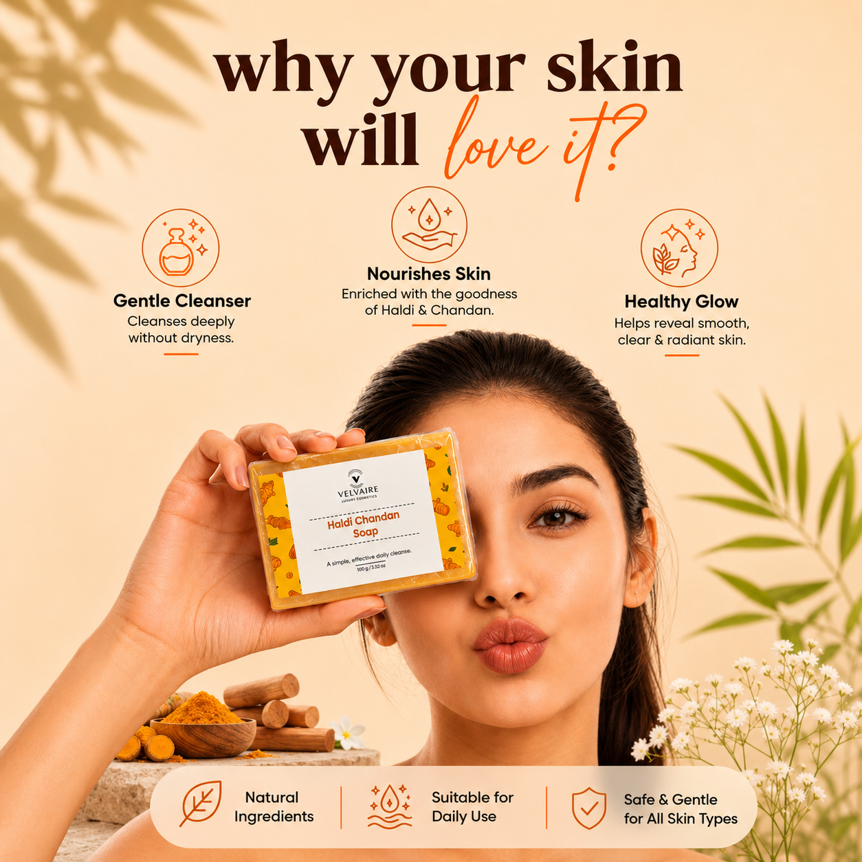 Woman posing with Velvaire Haldi Chandan Soap bar highlighting gentle non-drying cleansing, natural ingredients, and safe care for all skin types.