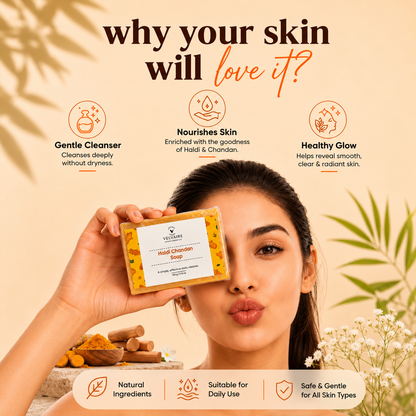 Woman posing with Velvaire Haldi Chandan Soap bar highlighting gentle non-drying cleansing, natural ingredients, and safe care for all skin types.