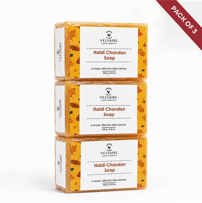 Velvaire Haldi Chandan Soap Pack of 3: best turmeric sandalwood bath soap bar for skin brightening, tan removal, and radiant glowing skin.