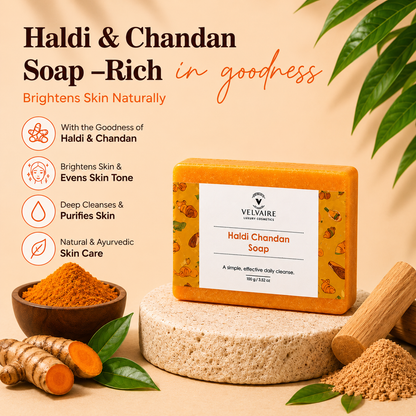 Velvaire Haldi Chandan Soap with raw turmeric root and sandalwood powder to naturally brighten skin, even tone, and deeply purify.