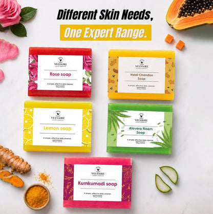 Velvaire Ayurvedic organic soap collection featuring Haldi Chandan, Rose, Lemon, Aloevera Neem, and Kumkumadi soaps for all skin care needs.
