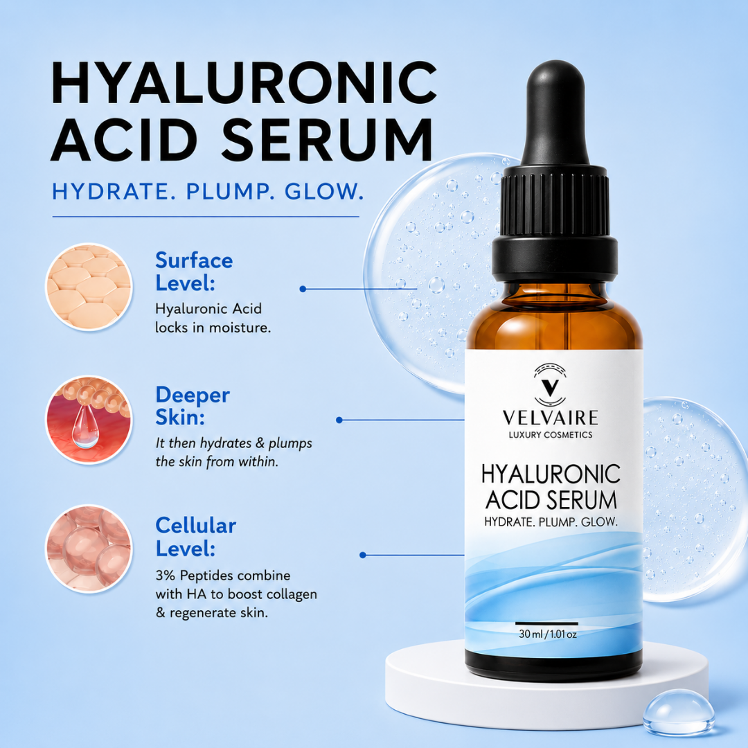 Velvaire Hyaluronic Acid Serum with 3% Peptides working at surface, deeper, and cellular levels to boost collagen and plump skin.
