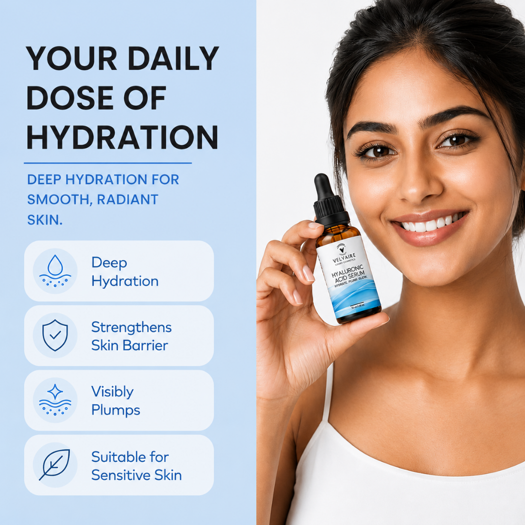 Woman holding Velvaire Hyaluronic Acid Serum featuring benefits: deep hydration, skin barrier strengthening, and visible plumping for sensitive skin.