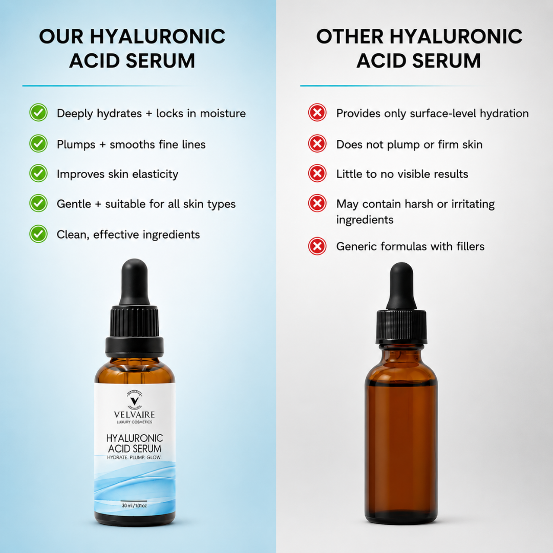 Velvaire Hyaluronic Acid Serum comparison showing key advantages: locks in moisture, smooths fine lines, improves elasticity, and clean formula.