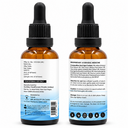 Velvaire Ayurvedic Hyaluronic Acid Serum bottle back label displaying ingredients, Mulethi, Aloe Vera extract, and application directions.