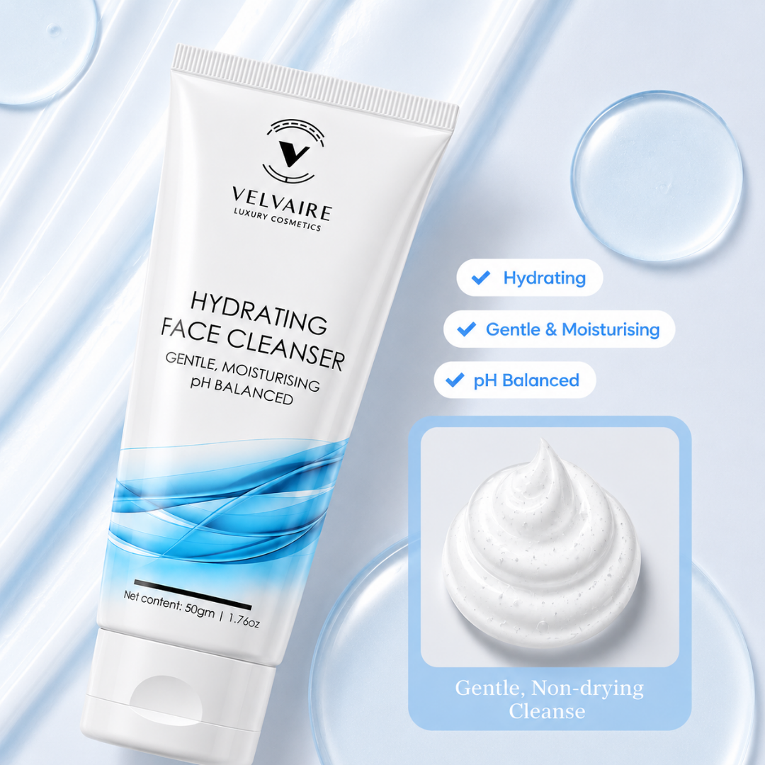 Velvaire Hydrating Face Cleanser tube with creamy texture swirl showing key benefits: hydrating, gentle, moisturising, and non-drying.