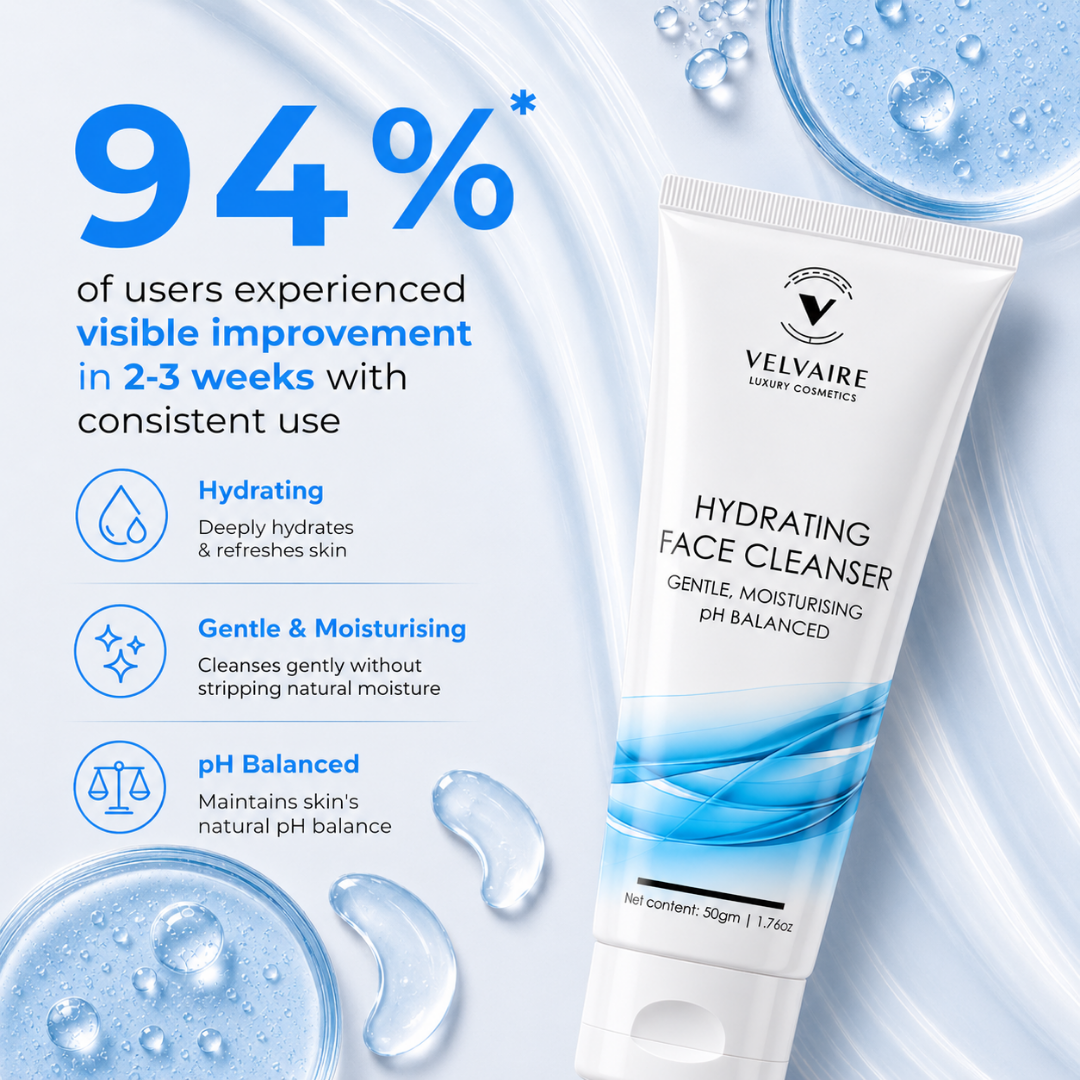 94% users experienced visible skin improvement with Velvaire Hydrating Face Cleanser: pH balanced, gentle, and deep hydration benefits.