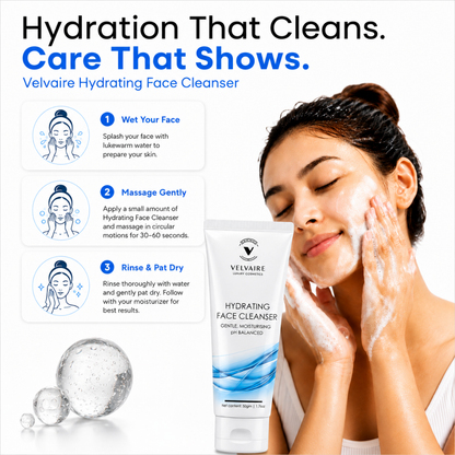 How to use Velvaire Hydrating Face Cleanser: 3 step daily skincare routine for a gentle, moisturising, and refreshing face wash.