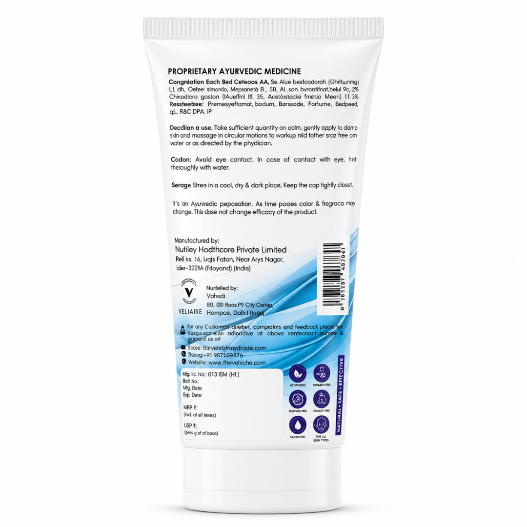 Velvaire Ayurvedic Hydrating Face Cleanser back label showing natural ingredients, sulphate-free badge, paraben-free badge, and directions.